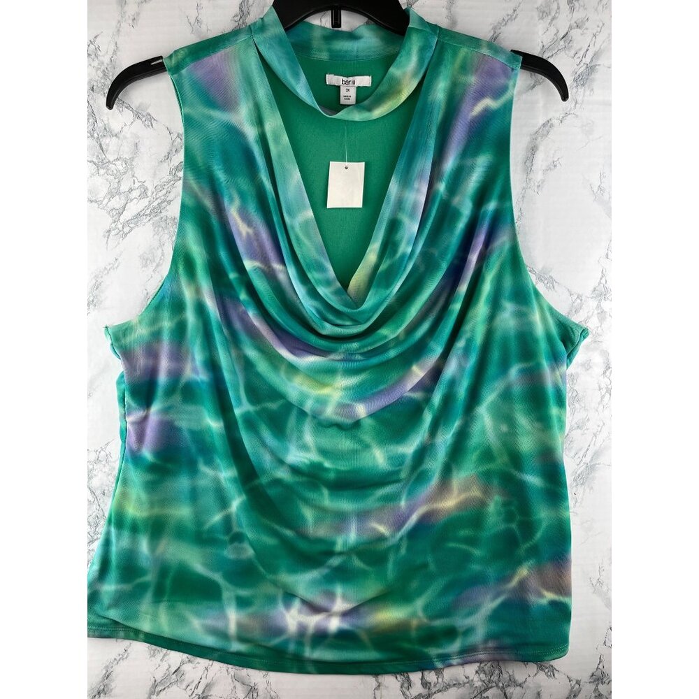 Bar III Womens Plus Size 3X Cowl Neck Top Green Ombre Waves Sleeveless